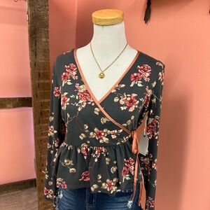 NWT! Floral Wrap Blouse in Dark Gray and Pink